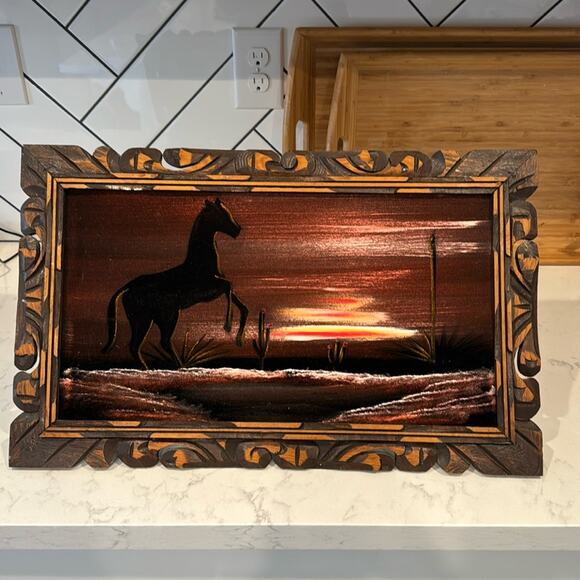 Vintage Echo en Mexico made in Mexico horse sunset cactus velvet framed painting